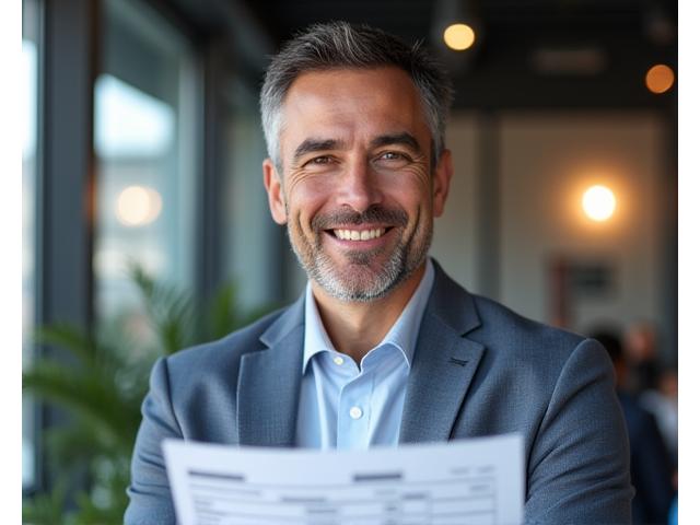 Hombre sonriendo mientras revisa documentos financieros, representando claridad y control.